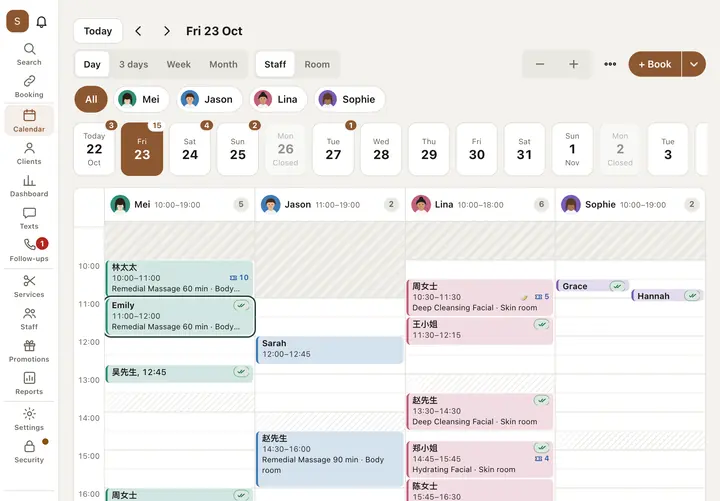 The shop's calendar: a column for each staff member, each booking a block with its status
